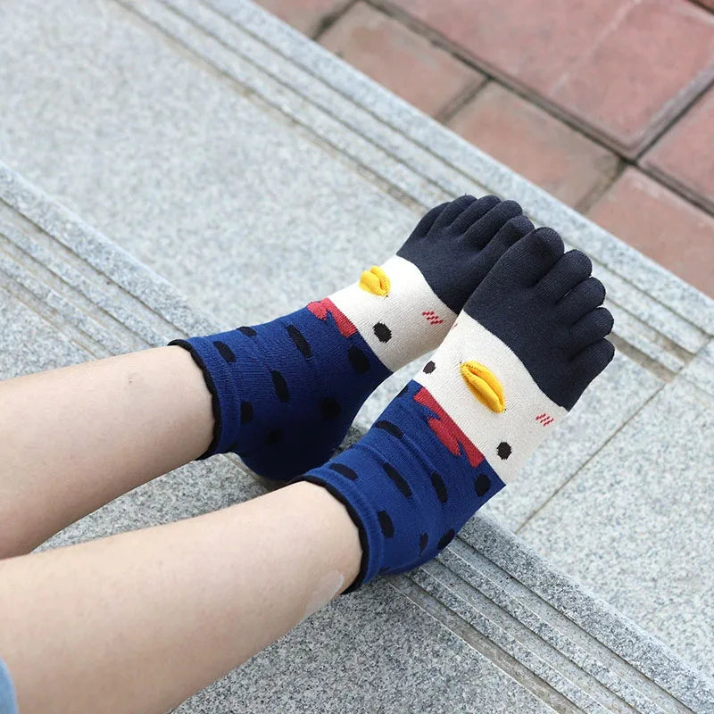 4 Pairs Fashions Five Finger Socks Women Girl Cotton Three-Dimensional Pattern Cartoon Young Funny Casual Cute Toe Short Socks