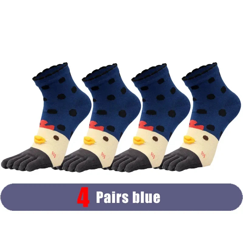 4 Pairs Fashions Five Finger Socks Women Girl Cotton Three-Dimensional Pattern Cartoon Young Funny Casual Cute Toe Short Socks