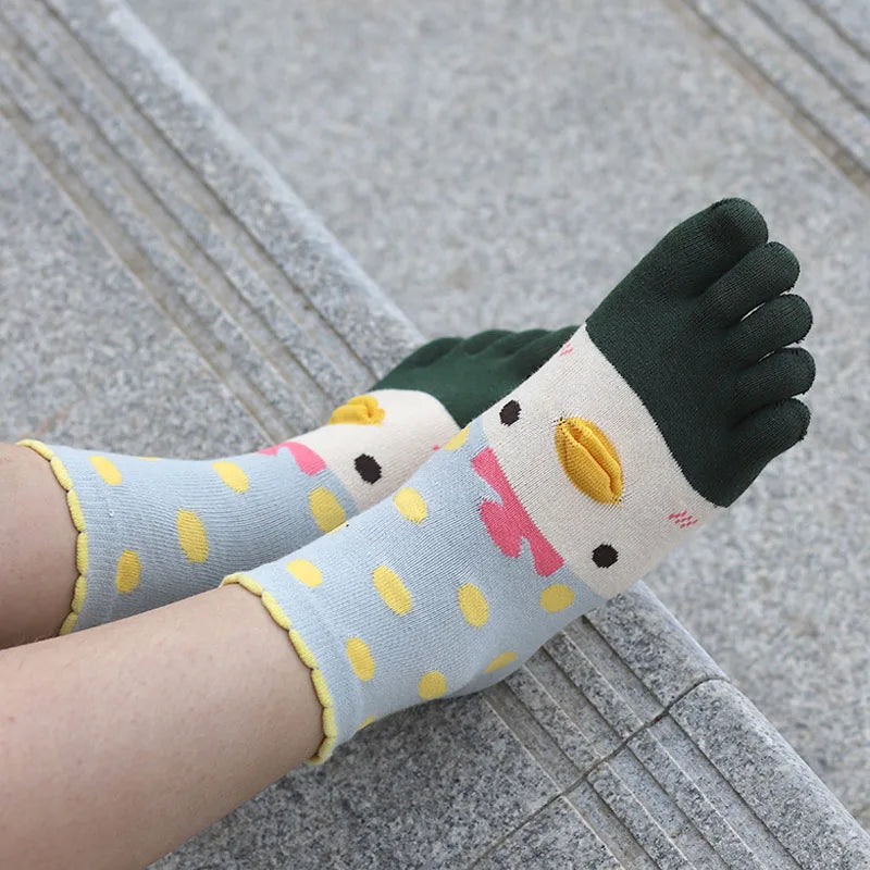 4 Pairs Fashions Five Finger Socks Women Girl Cotton Three-Dimensional Pattern Cartoon Young Funny Casual Cute Toe Short Socks