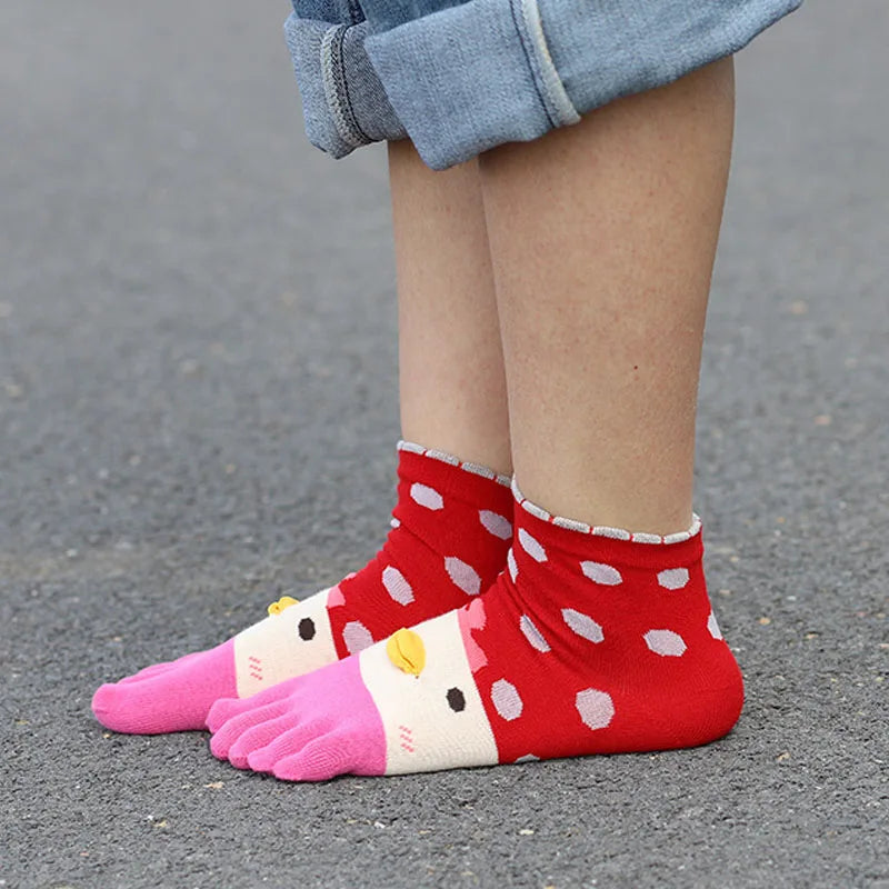 4 Pairs Fashions Five Finger Socks Women Girl Cotton Three-Dimensional Pattern Cartoon Young Funny Casual Cute Toe Short Socks