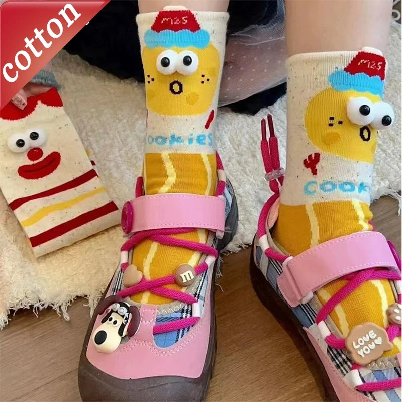 5 Pairs Unisex Socks Funny Cute Sweet Kawaii Mid Socks Set Cartoon 3d Big Eyes Comfortable Breathable High Quality Cotton Socks