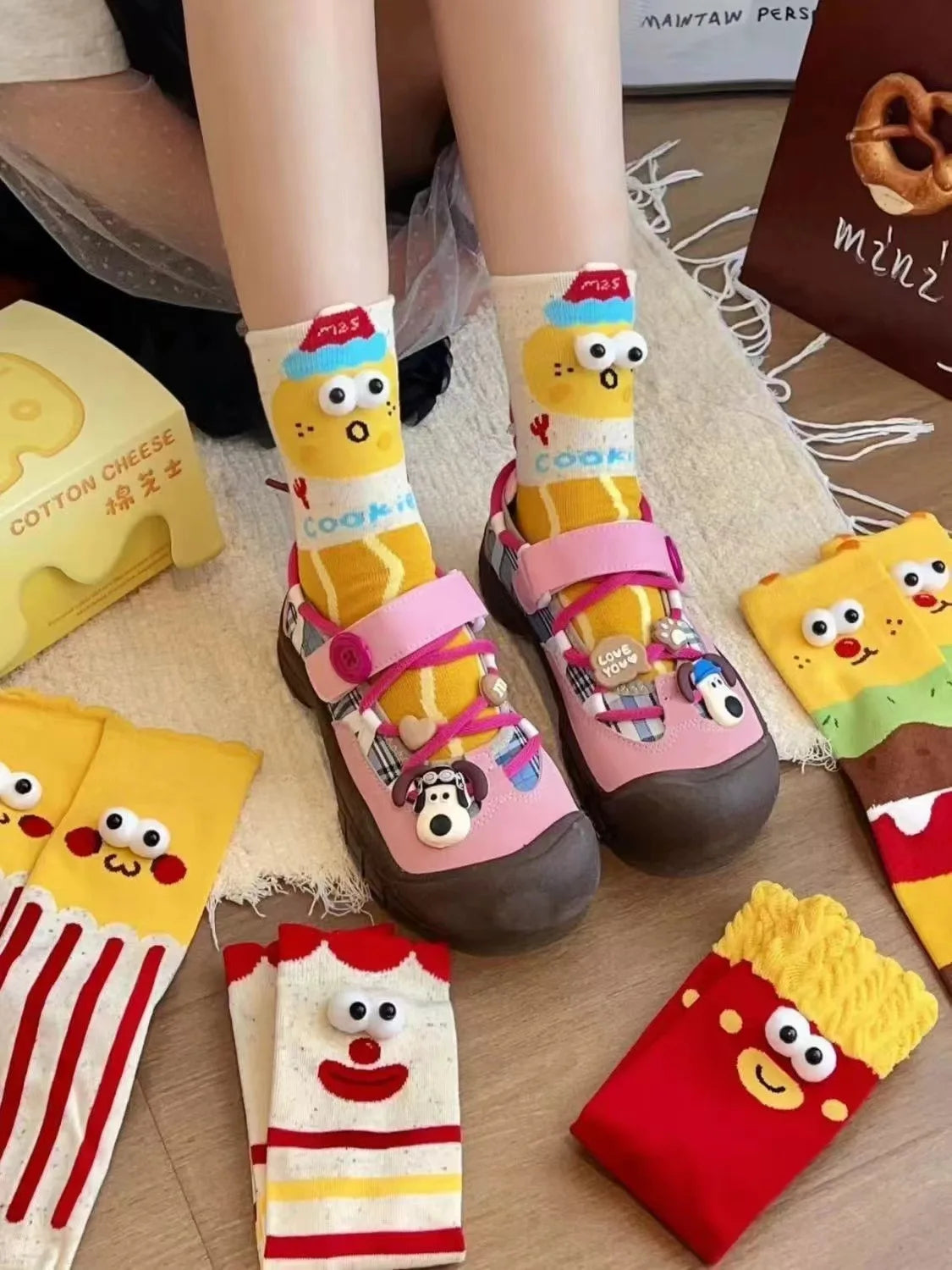 5 Pairs Unisex Socks Funny Cute Sweet Kawaii Mid Socks Set Cartoon 3d Big Eyes Comfortable Breathable High Quality Cotton Socks