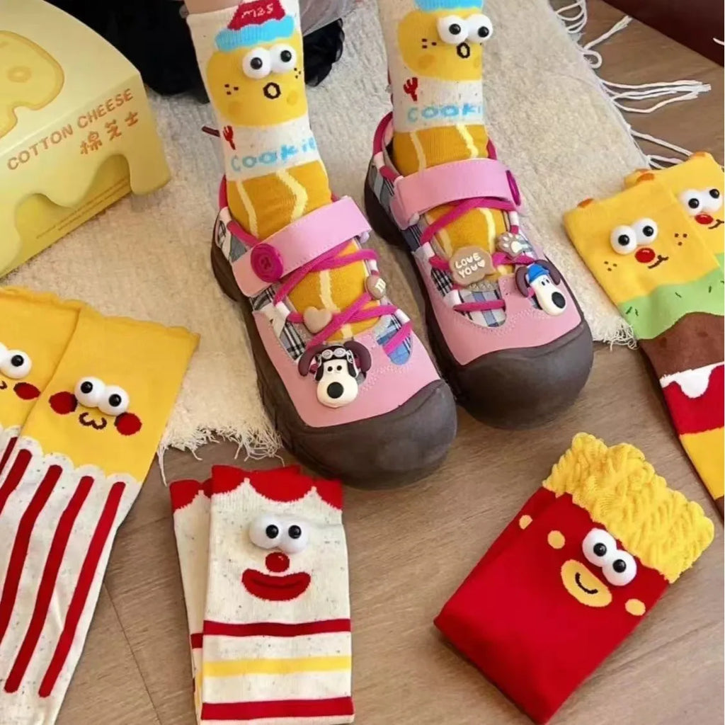 5 Pairs Unisex Socks Funny Cute Sweet Kawaii Mid Socks Set Cartoon 3d Big Eyes Comfortable Breathable High Quality Cotton Socks