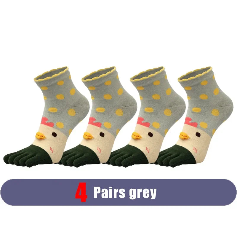 4 Pairs Fashions Five Finger Socks Women Girl Cotton Three-Dimensional Pattern Cartoon Young Funny Casual Cute Toe Short Socks