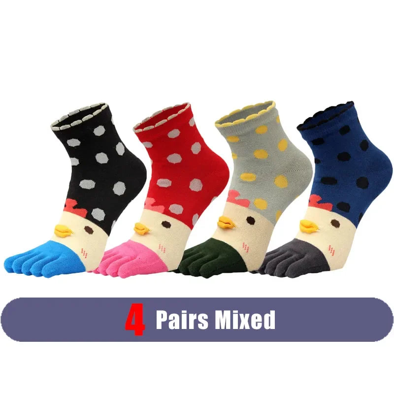 4 Pairs Fashions Five Finger Socks Women Girl Cotton Three-Dimensional Pattern Cartoon Young Funny Casual Cute Toe Short Socks