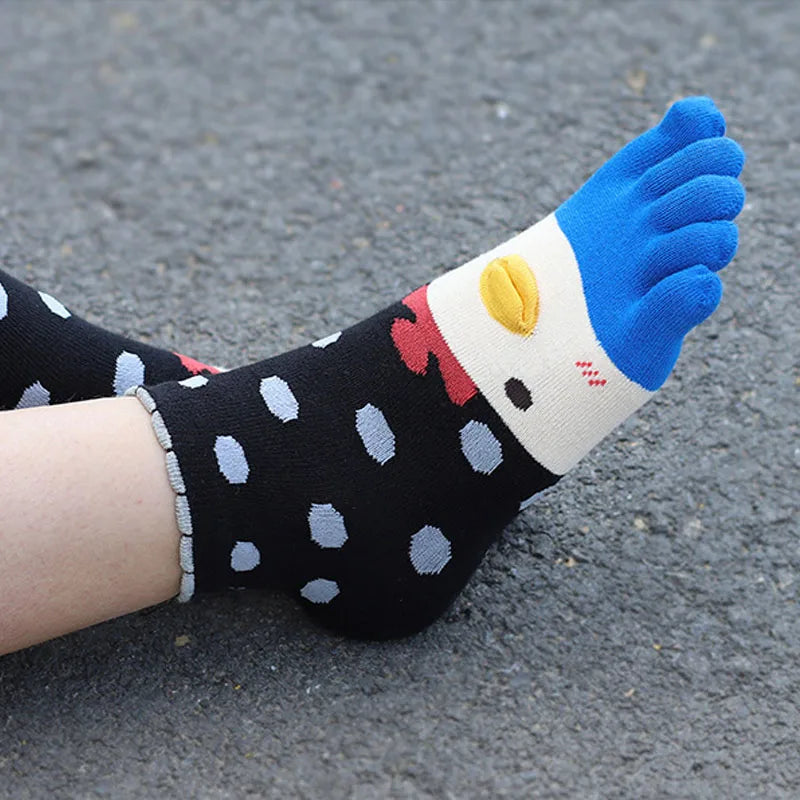 4 Pairs Fashions Five Finger Socks Women Girl Cotton Three-Dimensional Pattern Cartoon Young Funny Casual Cute Toe Short Socks