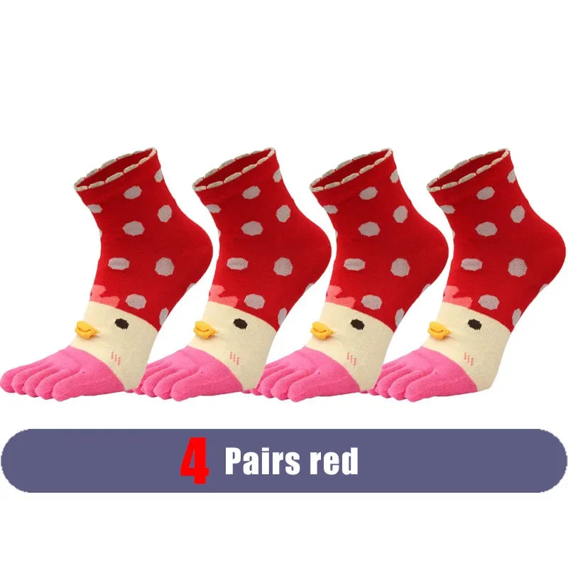 4 Pairs Fashions Five Finger Socks Women Girl Cotton Three-Dimensional Pattern Cartoon Young Funny Casual Cute Toe Short Socks