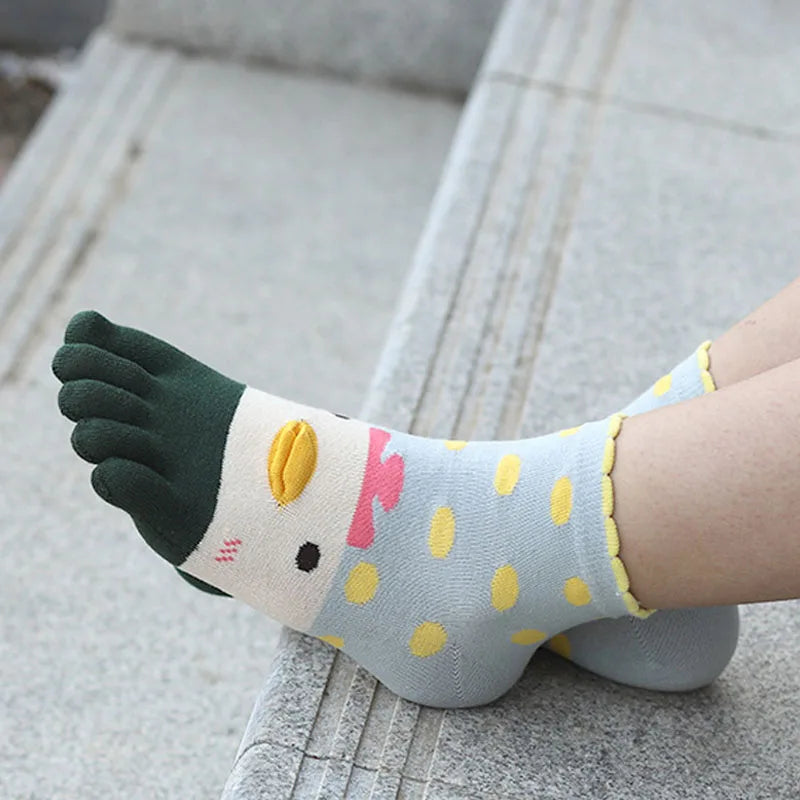 4 Pairs Fashions Five Finger Socks Women Girl Cotton Three-Dimensional Pattern Cartoon Young Funny Casual Cute Toe Short Socks
