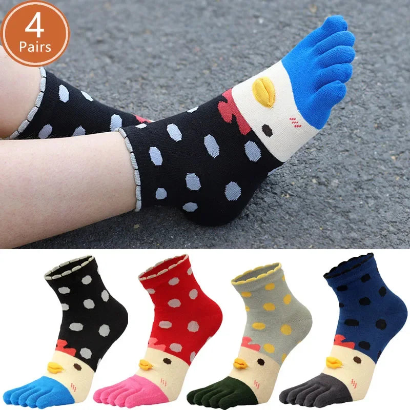 4 Pairs Fashions Five Finger Socks Women Girl Cotton Three-Dimensional Pattern Cartoon Young Funny Casual Cute Toe Short Socks