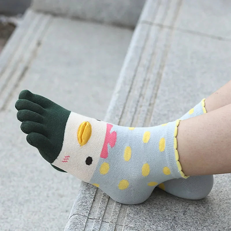 4 Pairs Fashions Five Finger Socks Women Girl Cotton Three-Dimensional Pattern Cartoon Young Funny Casual Cute Toe Short Socks