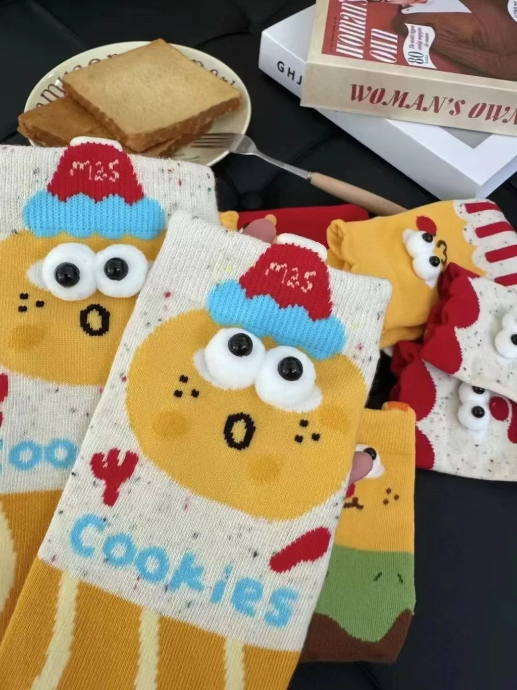 5 Pairs Unisex Socks Funny Cute Sweet Kawaii Mid Socks Set Cartoon 3d Big Eyes Comfortable Breathable High Quality Cotton Socks